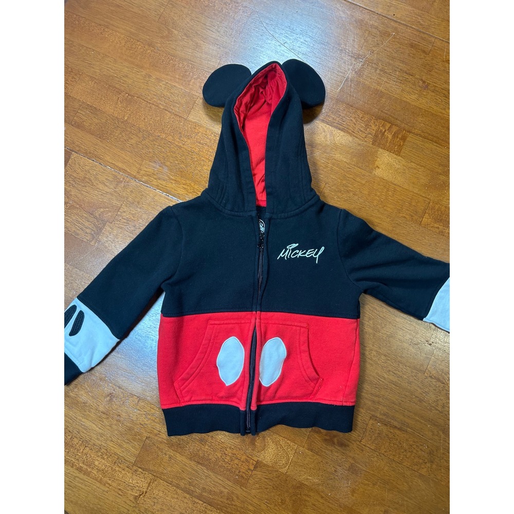 Disney Hoodie Kids 4T Black Red Mickey Mouse Ear Zip Up Sweatshirt